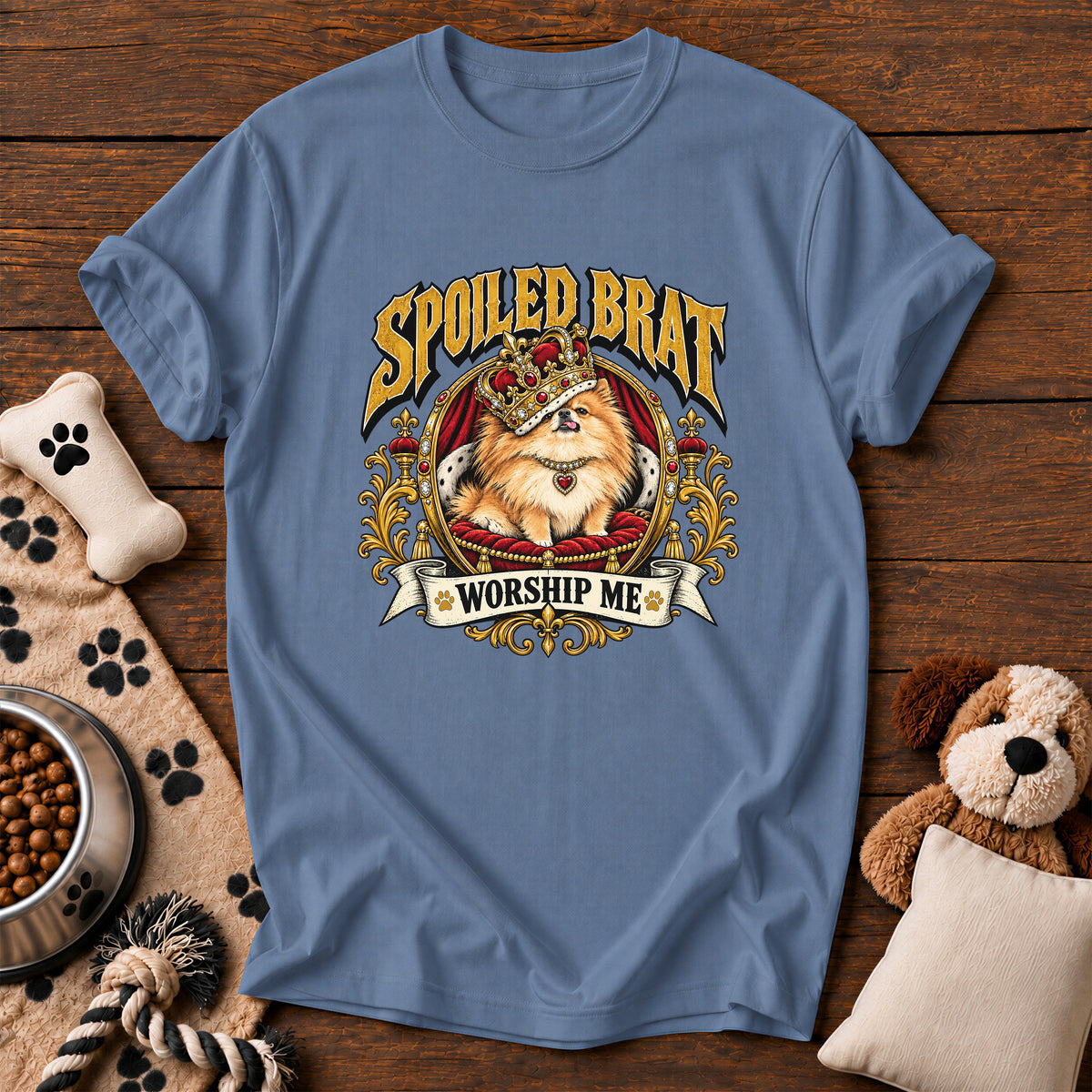 Pomeranian Spoiled Brat Tee — funny dog t-shirt in Blue Jean, Comfort Colors 1717 flat lay