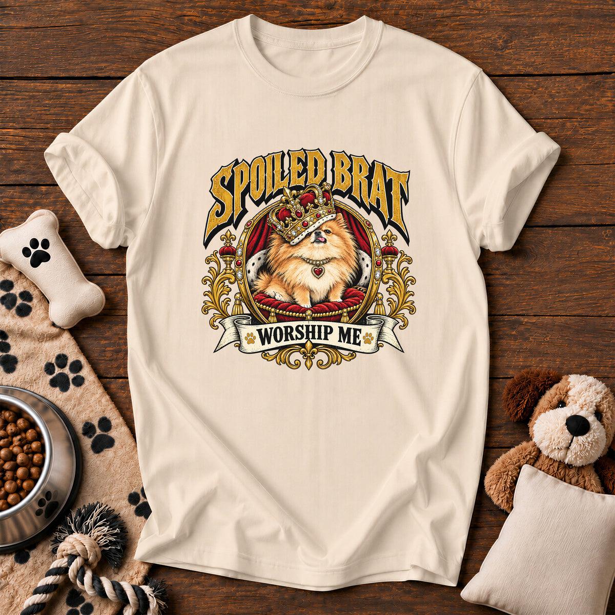 Pomeranian Spoiled Brat Tee — funny dog t-shirt in Ivory, Comfort Colors 1717 flat lay