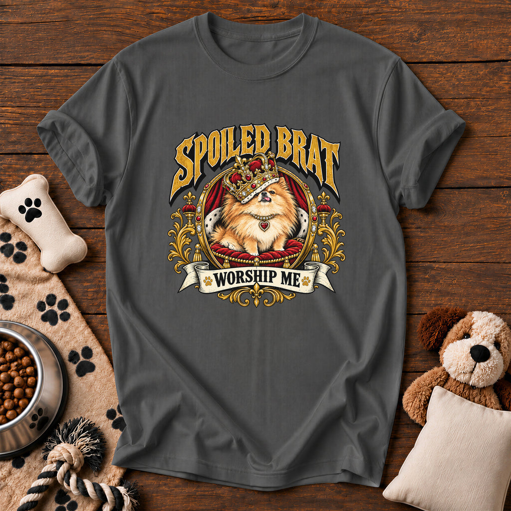 Pomeranian Spoiled Brat Tee — funny dog t-shirt in Pepper, Comfort Colors 1717 flat lay