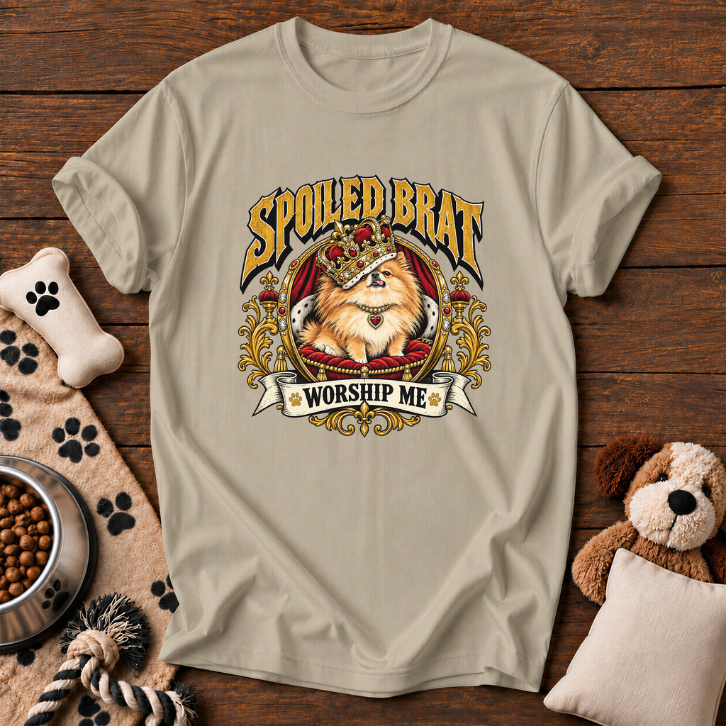 Pomeranian Spoiled Brat Tee — funny dog t-shirt in Sandstone, Comfort Colors 1717 flat lay