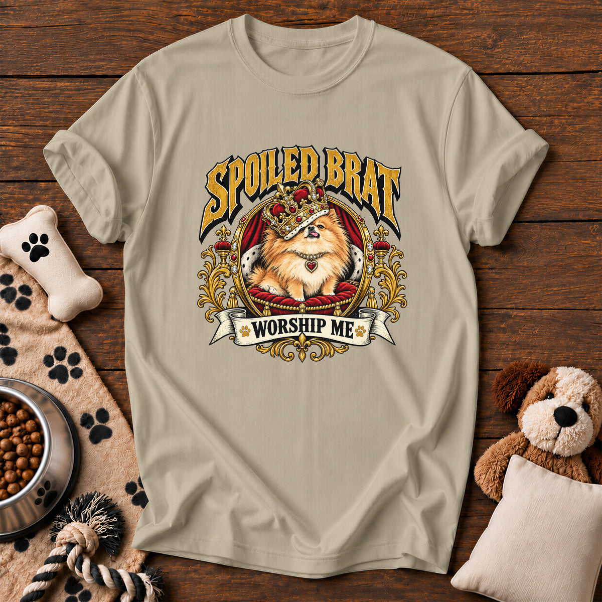 Pomeranian Spoiled Brat Tee — funny dog t-shirt in Sandstone, Comfort Colors 1717 flat lay