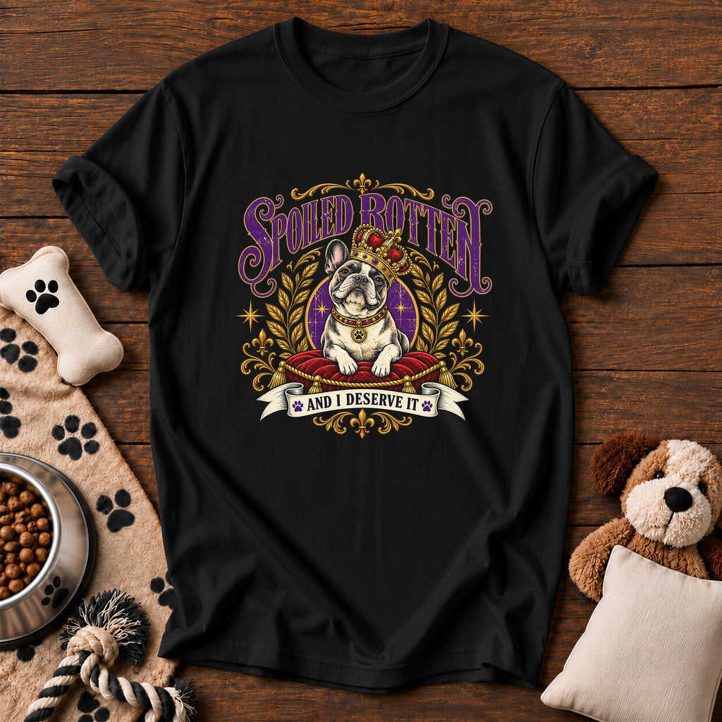 French Bulldog Spoiled Rotten Tee — funny dog t-shirt in Black, Comfort Colors 1717 flat lay