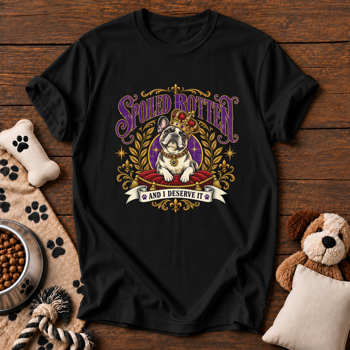 French Bulldog Spoiled Rotten Tee — funny dog t-shirt in Black, Comfort Colors 1717 flat lay