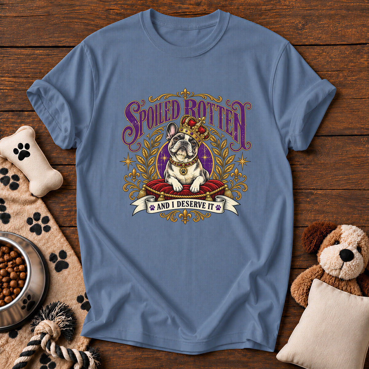 French Bulldog Spoiled Rotten Tee — funny dog t-shirt in Blue Jean, Comfort Colors 1717 flat lay