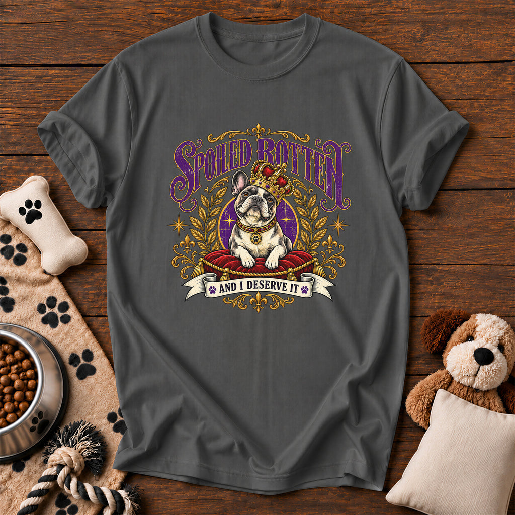 French Bulldog Spoiled Rotten Tee — funny dog t-shirt in Pepper, Comfort Colors 1717 flat lay