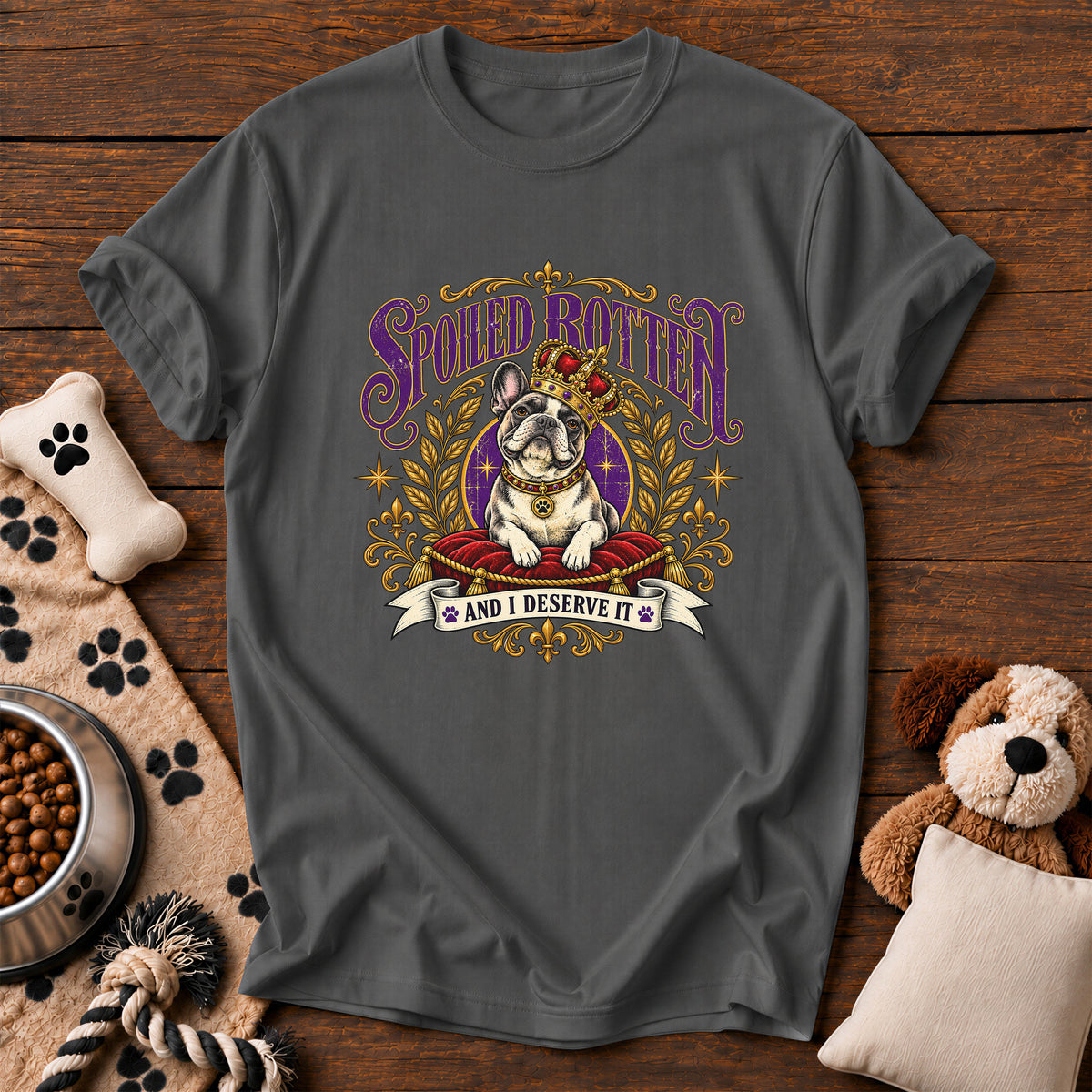 French Bulldog Spoiled Rotten Tee — funny dog t-shirt in Pepper, Comfort Colors 1717 flat lay