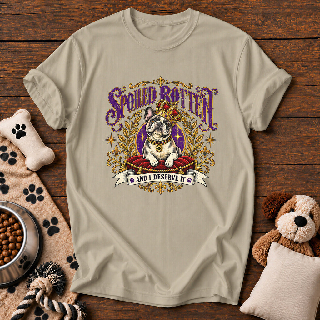 French Bulldog Spoiled Rotten Tee — funny dog t-shirt in Sandstone, Comfort Colors 1717 flat lay