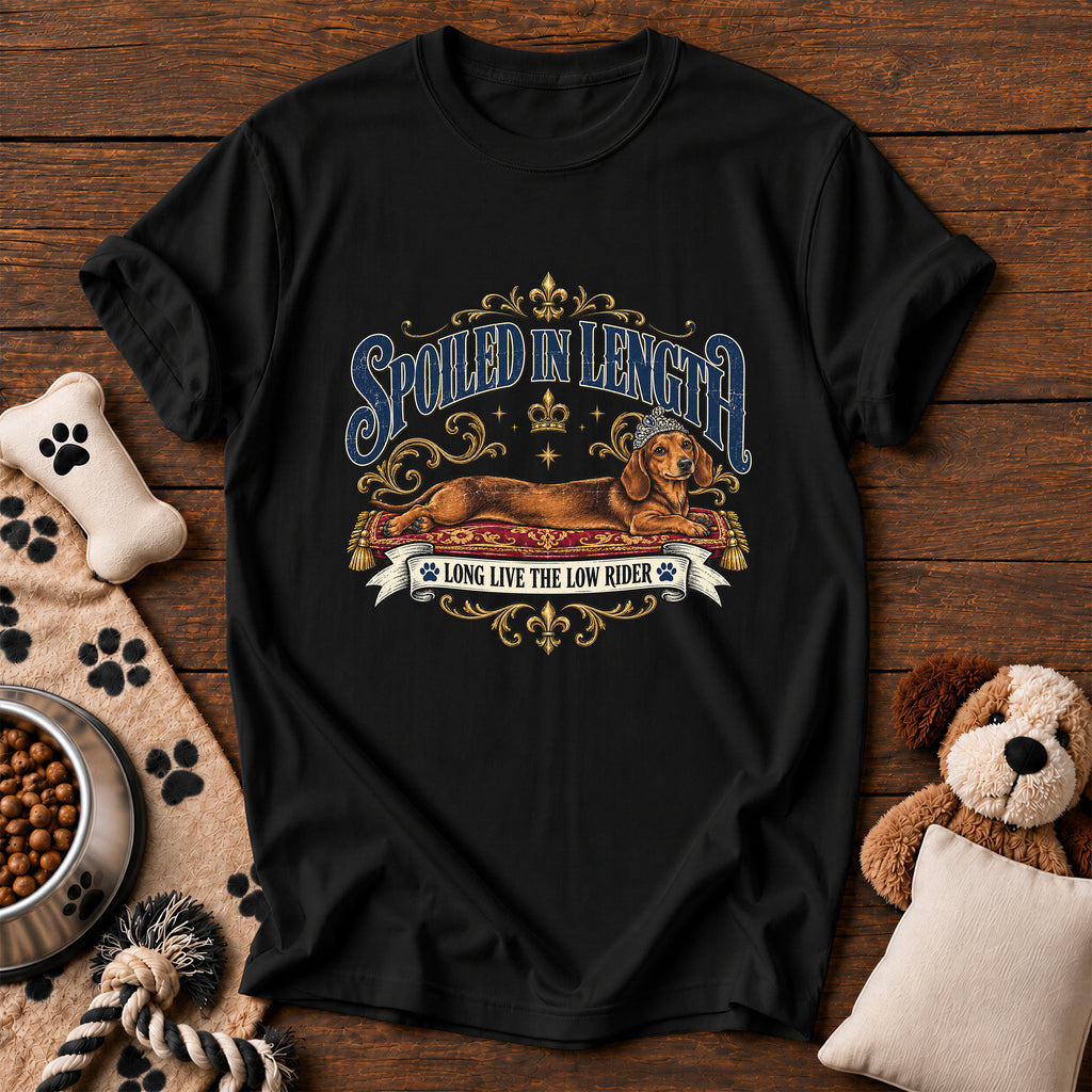 Dachshund Spoiled in Length Tee — funny dog t-shirt in Black, Comfort Colors 1717 flat lay