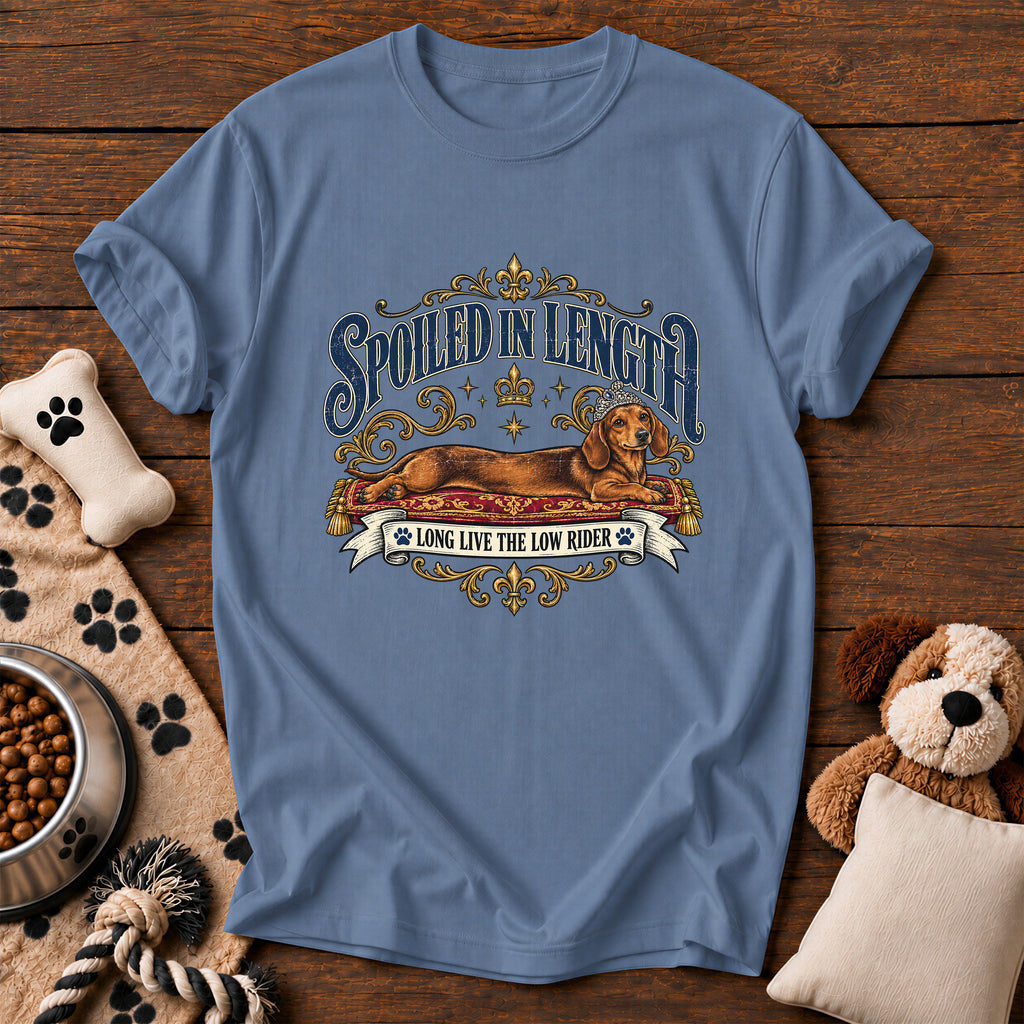 Dachshund Spoiled in Length Tee — funny dog t-shirt in Blue Jean, Comfort Colors 1717 flat lay