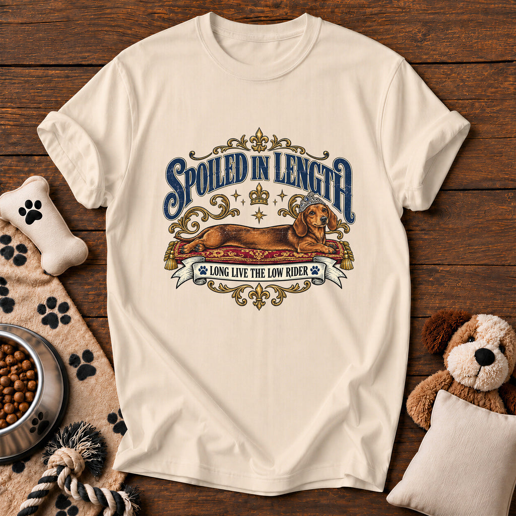 Dachshund Spoiled in Length Tee — funny dog t-shirt in Ivory, Comfort Colors 1717 flat lay