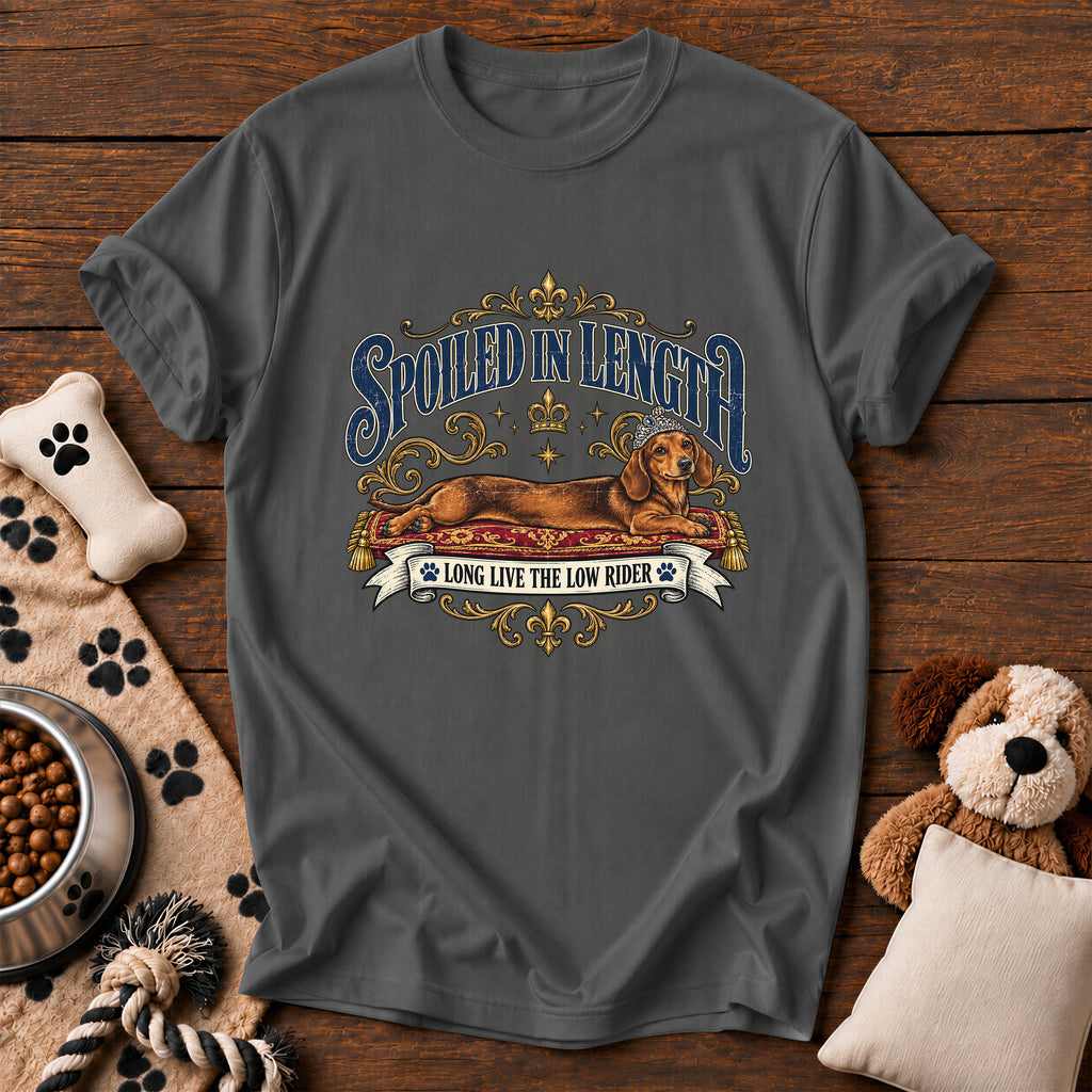 Dachshund Spoiled in Length Tee — funny dog t-shirt in Pepper, Comfort Colors 1717 flat lay