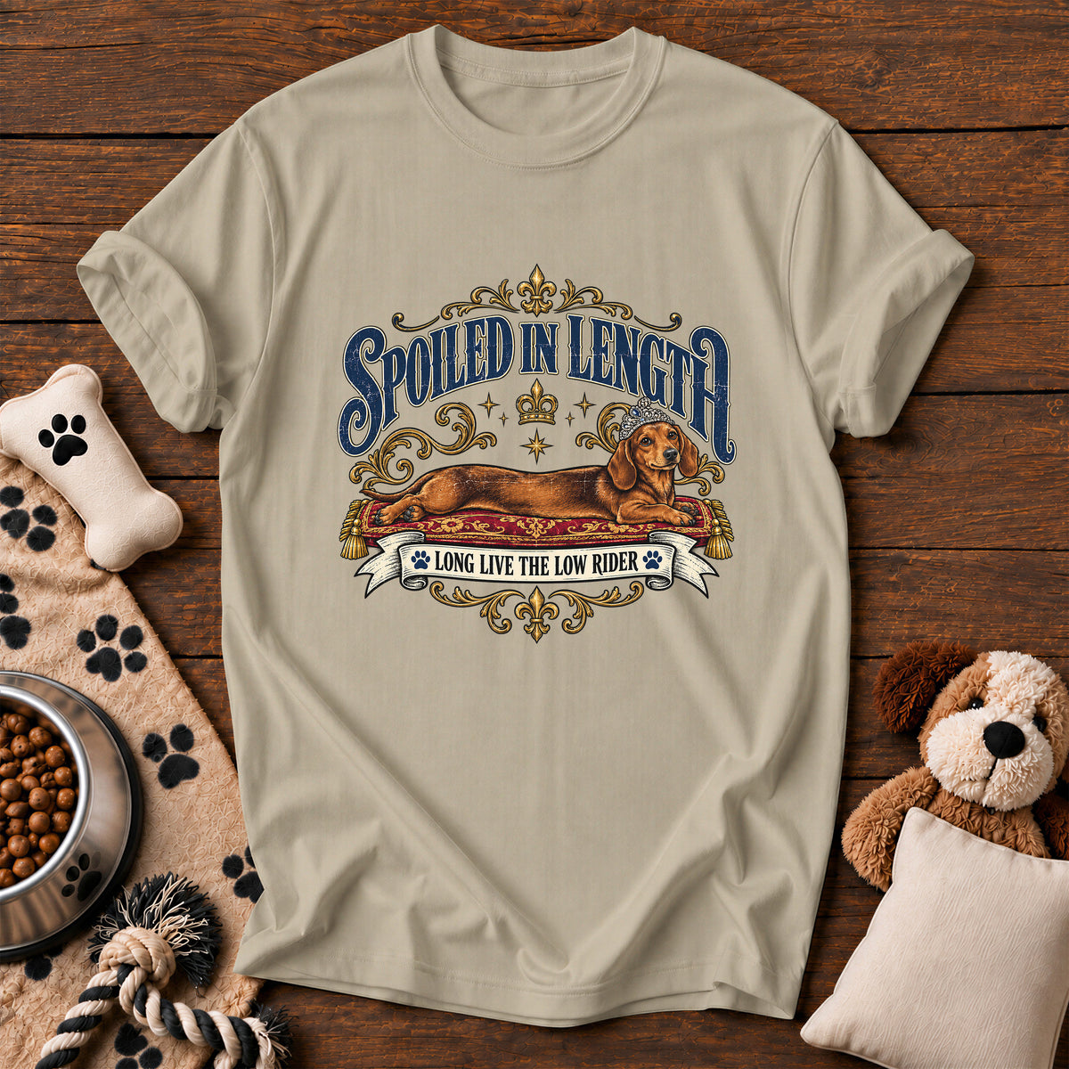 Dachshund Spoiled in Length Tee — funny dog t-shirt in Sandstone, Comfort Colors 1717 flat lay