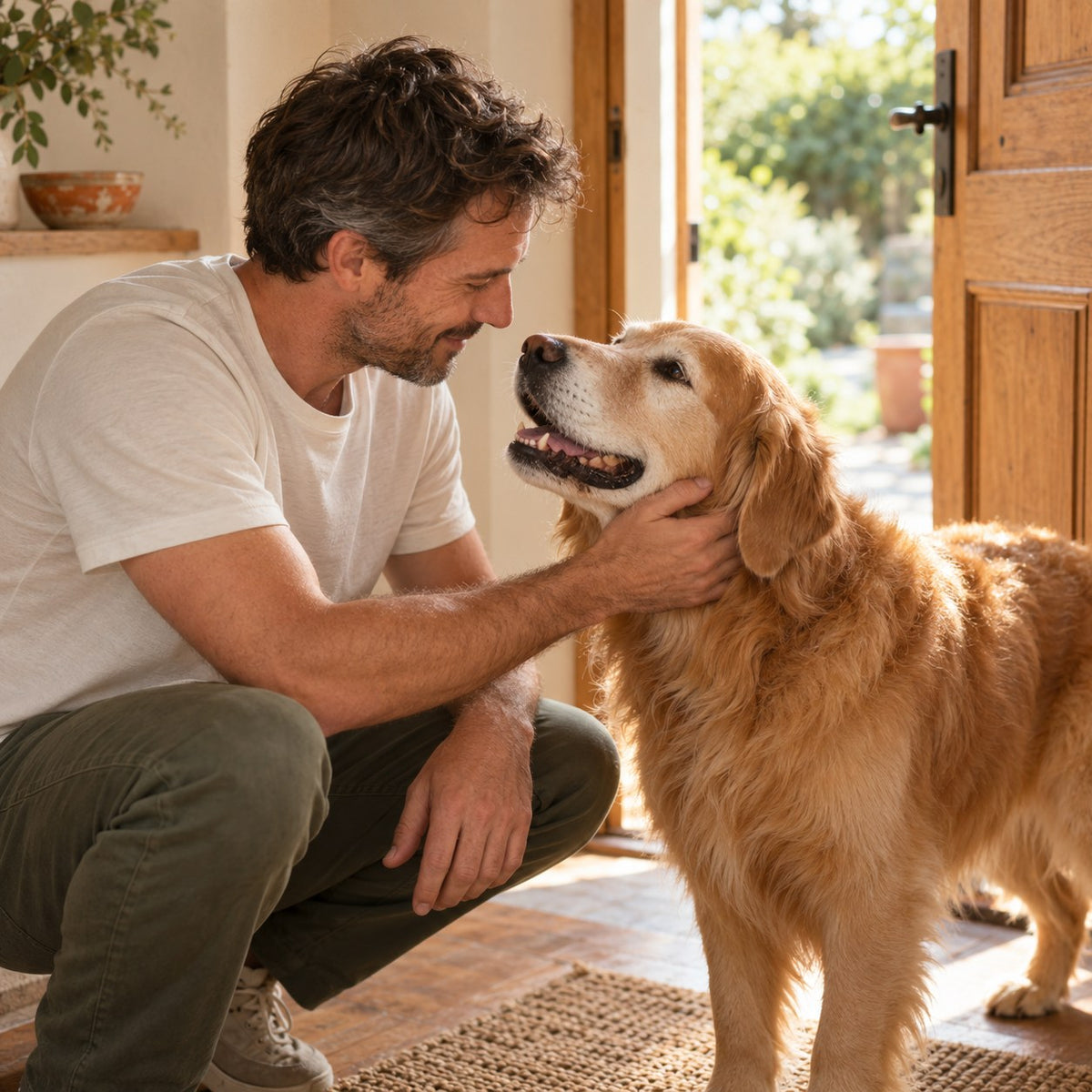 Man crouching by an open front door, smiling at an older golden retriever